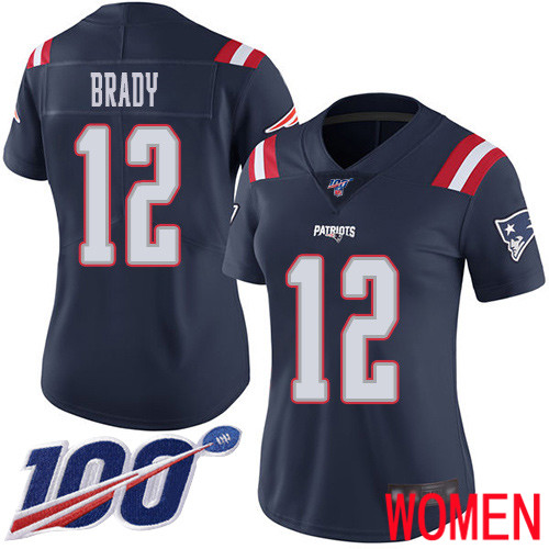 New England Patriots Football #12 100th Season Rush Vapor Limited Navy Blue Women Tom Brady NFL Jersey